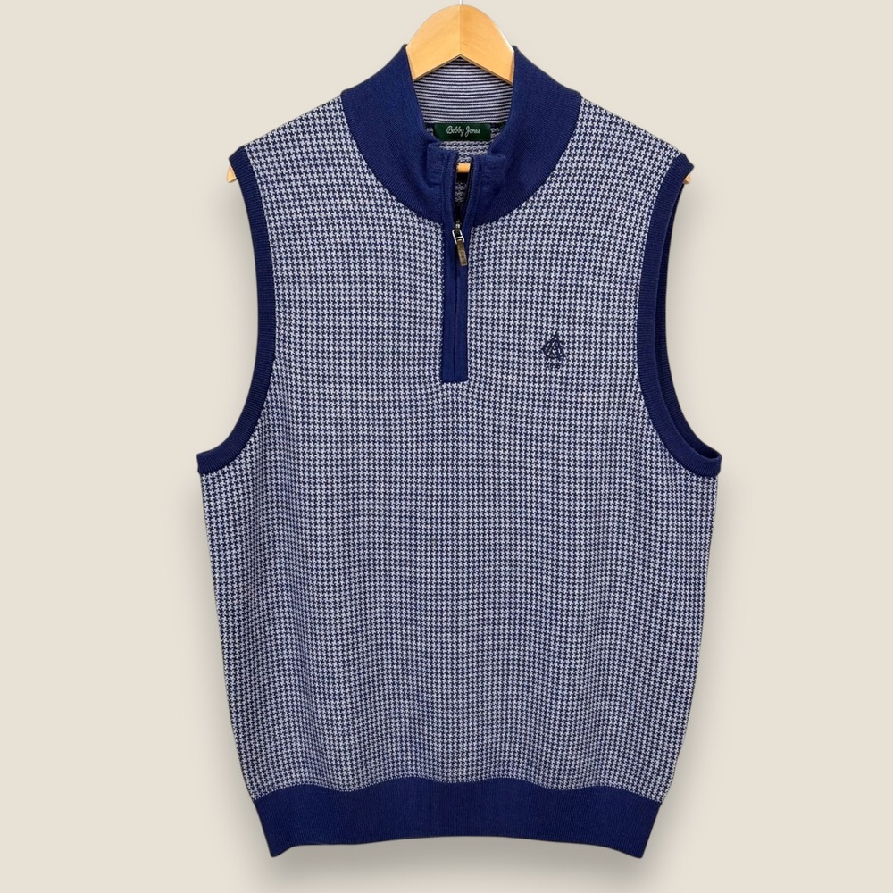 Bobby Jones Extra Fine Merino Wool Sweater Men Large Blue Gray Houndstooth